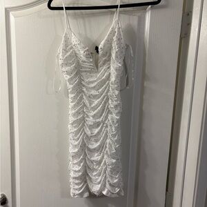 Windsor White Ruched Dress with Pearl Accents